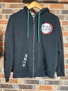 Demon Slayer Black Zip-Up Hoodie with Teal Drawstrings